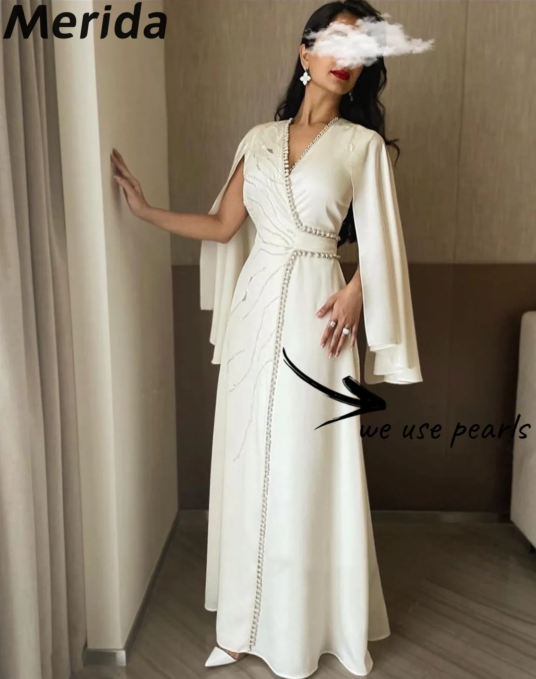

Elegant Sequins Beads Prom Dresses 2023 Pearls Cape Sleeves V-neck Formal Occasion Dresses Robes De فساتين مناسبة رسمية
