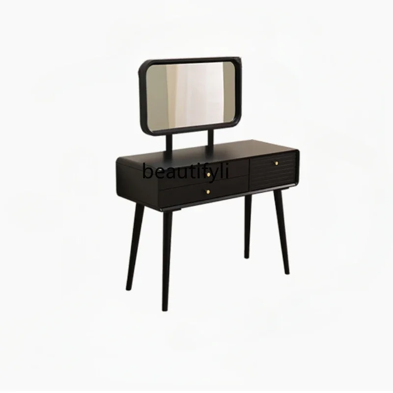 

Dresser Solid Wood Small Apartment Makeup Table Modern Bedroom with Mirror Dresser Black