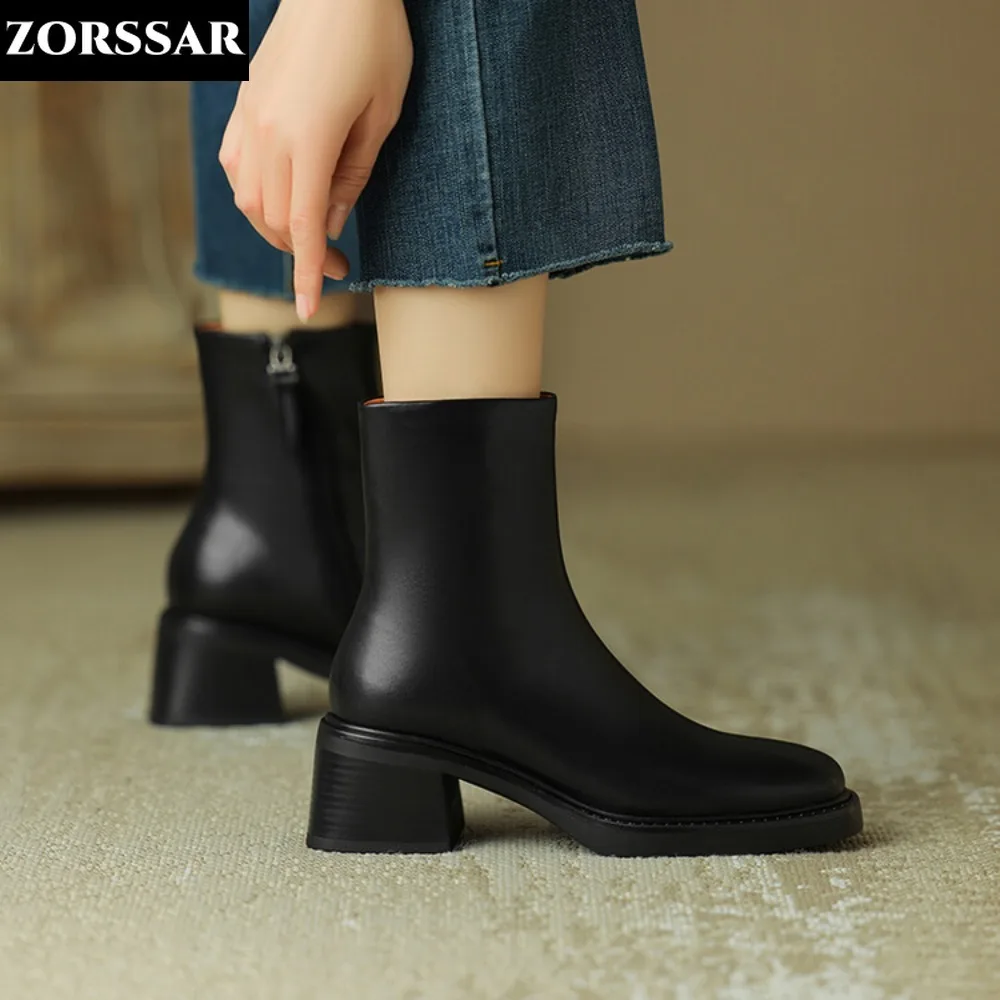 

INS Cow Leather Women Thick Heels Ankle Boots Square Toe Zip Classic Retro Outdoor Work Boots Female Chelsea Boots Winter Shoes