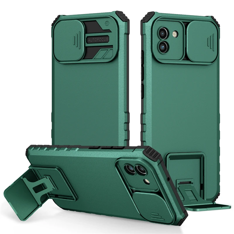 Slide Camera Lens Protect Armor Back Case with Holder Stand
