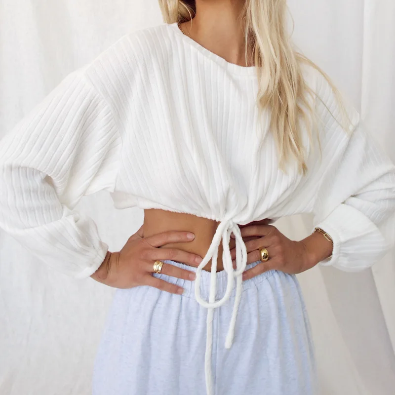 Women's Solid Color Loose and Thin Simple Sweatshirt Spring New Fashion All-match Short Drawstring Tie Round Neck White Hoodies