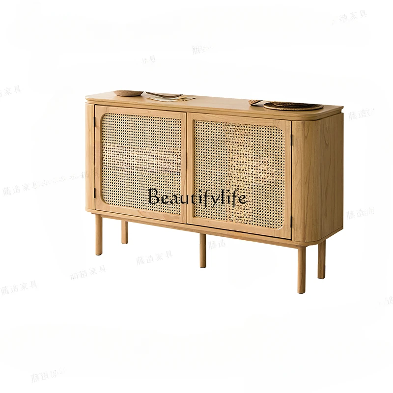 

Solid Wood Sideboard Rattan Japanese Style Small Apartment Side Cabinet Living Room Curio Cabinet Wall Locker