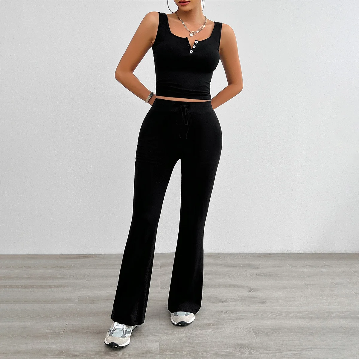 YEAE Casual Slim Vest Long Pants Set Solid Color Short Vest Top Slim Straight Long Nine Pants Sports Fitness Casual Comfort Set