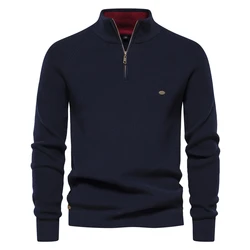 Autumn Cotton Zipper Cardigans for Men - Fashion Casual High-Collar Knitted Sweater (Navy)