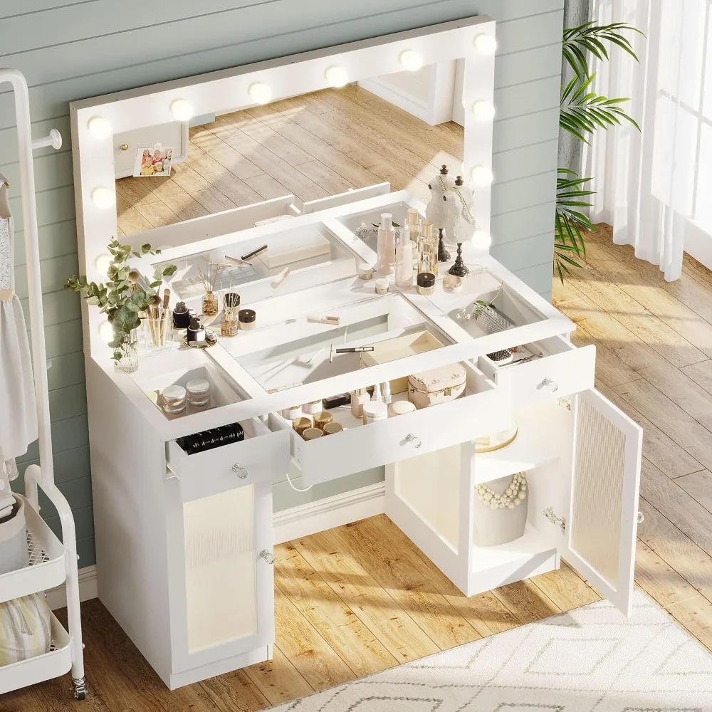 Vanity Desk Mirror and Lights, Glass Top Vanity Lights & Power Outlet, Makeup Desk Lights, Table 3 Color Lighting Modes