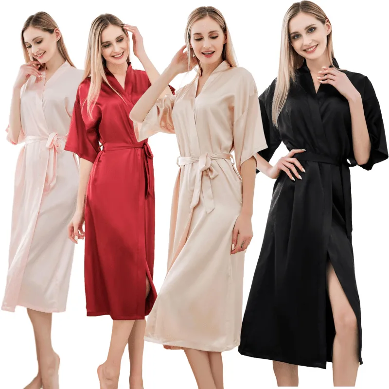 Hot Plus Long Bathrobe Faux Silk Bathrobe Bathrobe Solid Color Micro Stretch Robe Ladies Thin Sexy Comfortable Home Bathrobe