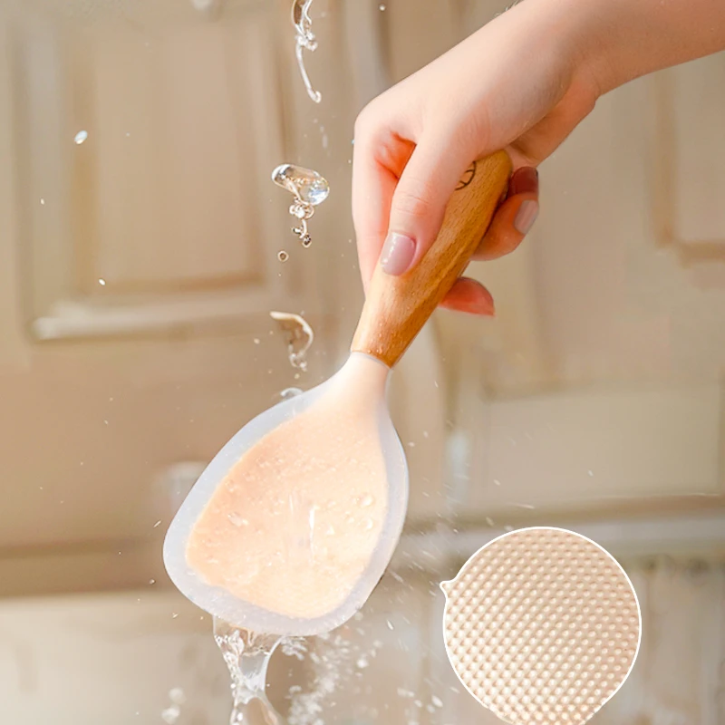 Shanju Vertical Silicone Rice Spoon with Wooden Handle Non-stick Anti-scalding Durable Food Shovel Cooking Durable Kitchen Toods