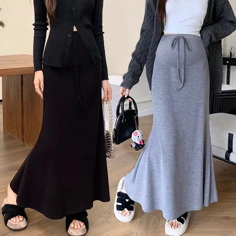 Korean Style Maternity Knitting Dress High Waist Drawstring Fashion Pregnant Woman Fishtail Skirt Slim Pregnancy Maxi Skirt 88cm