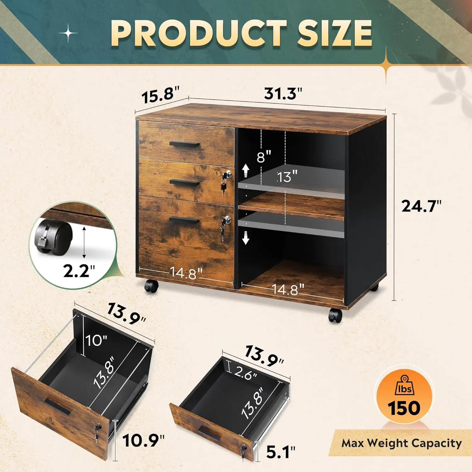 3-Drawer Wood File Cabinet with Lock, Mobile Lateral Filing Cabinet, Printer Stand with Open Storage Shelves