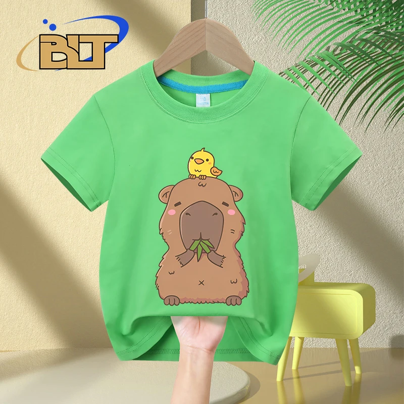 Cute Capybara & Yellow Bird Cartoon Print Kids' Summer T-Shirt