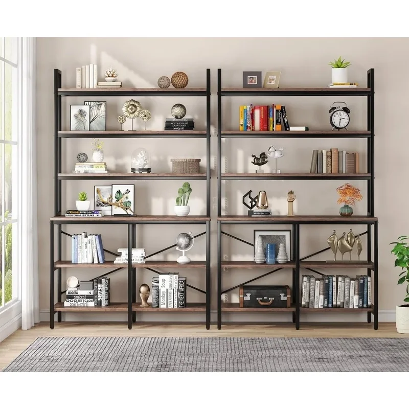 Bibliothèque industrielle à 6 niveaux avec étagères ouvertes, support de rangement avec cadre en forme de X, bibliothèque rustique, lot de 2