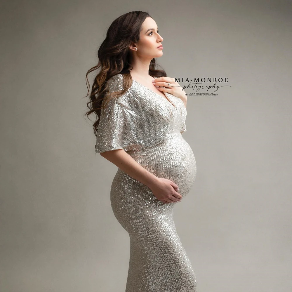 Silver Sequin Maternity Dress for Photo Shoot Plus Size Maternity Gown Baby Shower Dress Pregnant Woman Photography Dress