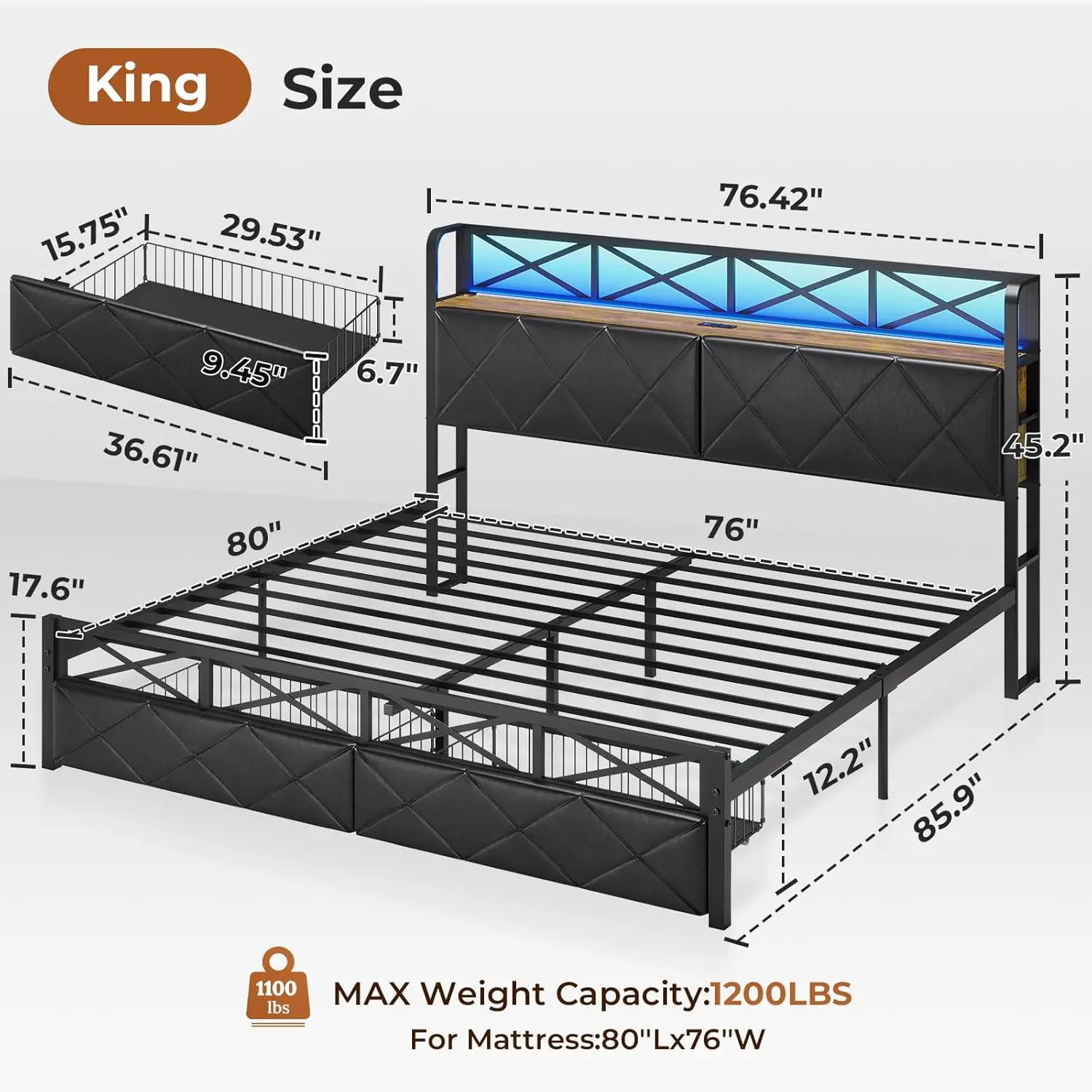 King Size Bed Frame with Storage Headboard and 2 Drawers Metal King Platform Bed with Led Lights and Hidden Storage Upholstered 2