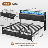 King Size Bed Frame with Storage Headboard and 2 Drawers Metal King Platform Bed with Led Lights and Hidden Storage Upholstered 2