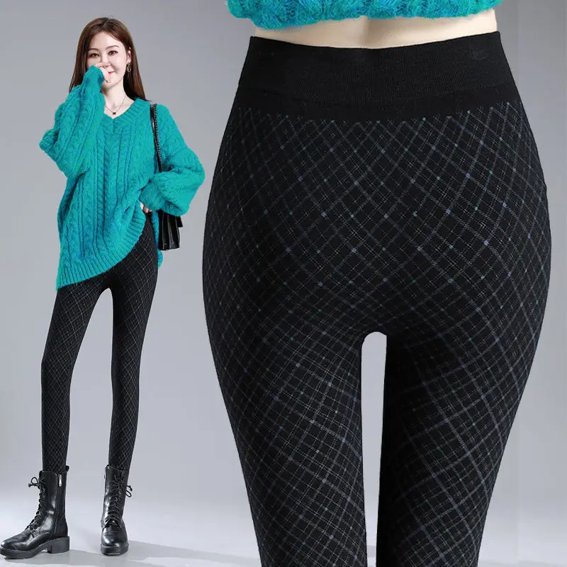 Korean Fashion Woman Clothing Plaid Leggings Spring Autumn Skinny Sexy Elastic High Waist Slim Casual Female Black Pencil Pants