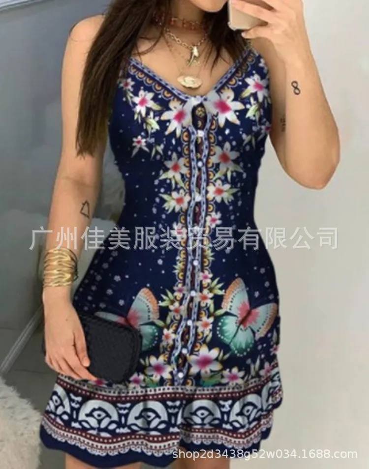 

Beautiful Girl 2024 Summer Fashion Flower Print V-Neck Sleeveless Casual A-Line Mini Camo Dress In Stock