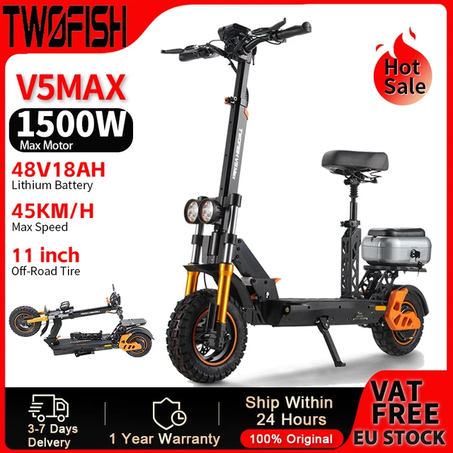 TWOFISH V5 MAX 1500W Scooter électrique adulte 48V 18AH batterie 45 Km/h vitesse 11 pouces tout-terrain pneu double frein à disque e-scooter 1