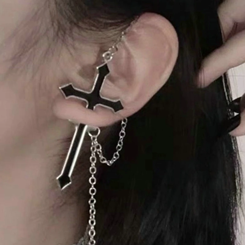 1Pc Black Cross Drop Earring with Chain Ear Cuff Trendy Women Fashion  Earrings