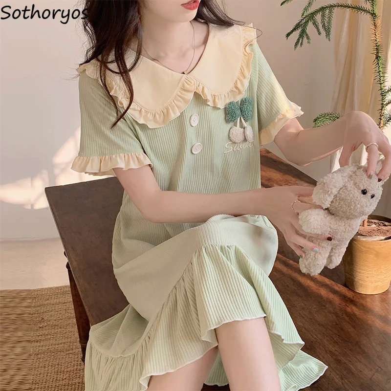 

Nightgowns Women Japanese Pater Pan Collar Sweet Short Sleeve Fashion Folds Sleepwear Harajuku Comfortable Lovely Homewear Cozy