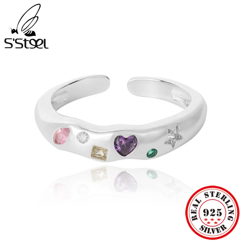 

S'STEEL New In Color Contrast Zircon Rings For Women Sterling Silver 925 Adjustable Engagement Ring Luxury Brand Y2k Jewelry
