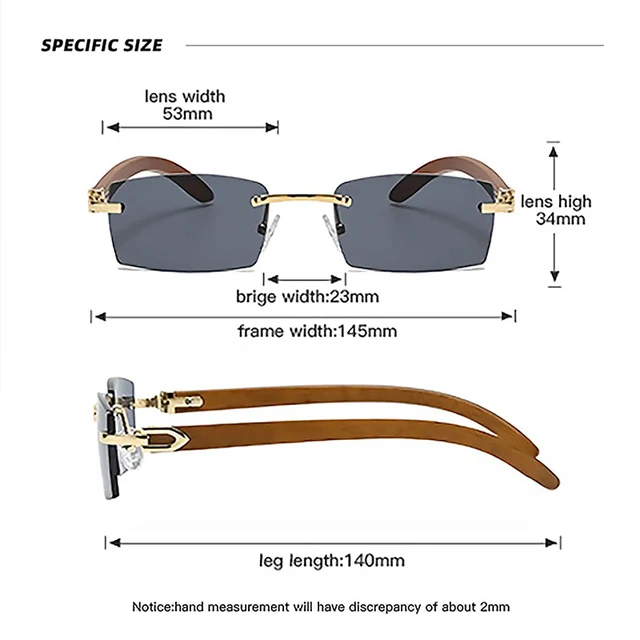  - Rectangle Fashion Rimless Sunglasses for Women Men Gangster 90s Frameless Shades Retro Vintage Trendy Wooden Frame Eyewear