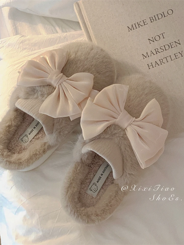 Bowknot Cotton Home Slippers For Women's Winter 2023 Korean Plush Indoor Plush Slipper Warm Indoor Household Shoes