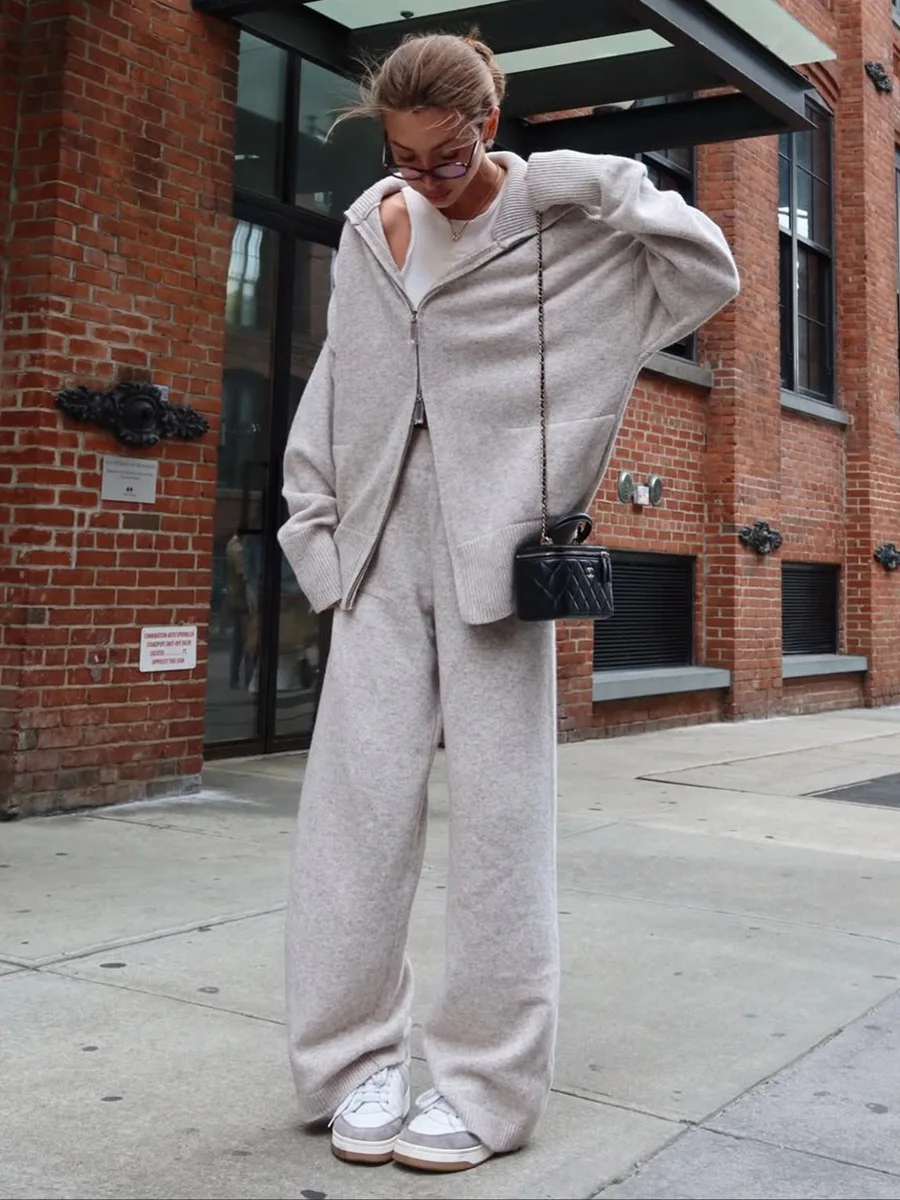 Bornladies Women's Autumn Knitted Cardigan Wide Leg Pants Set Fashion Zipper Cardigan Sweater Loose Two Piece Outfit