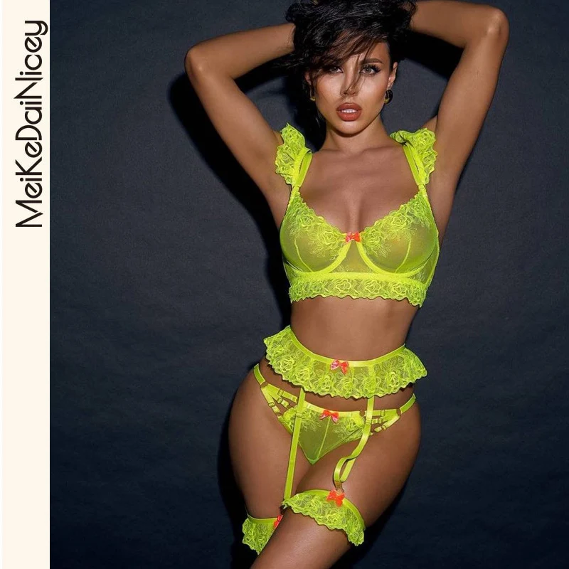

MeiKeDai Neon Fetish Lingerie For Women Ruffle Garter Belt Set Luxury Lace Pornographic Underwear Translucent Fancy Intimate