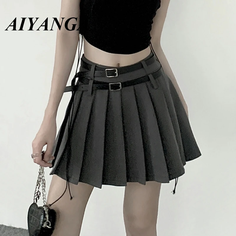 

Black Gray JK All-Match Streetwear Double Belted Design High Waist Cool Women's Pleated Skirt School Girl 2023 Summer