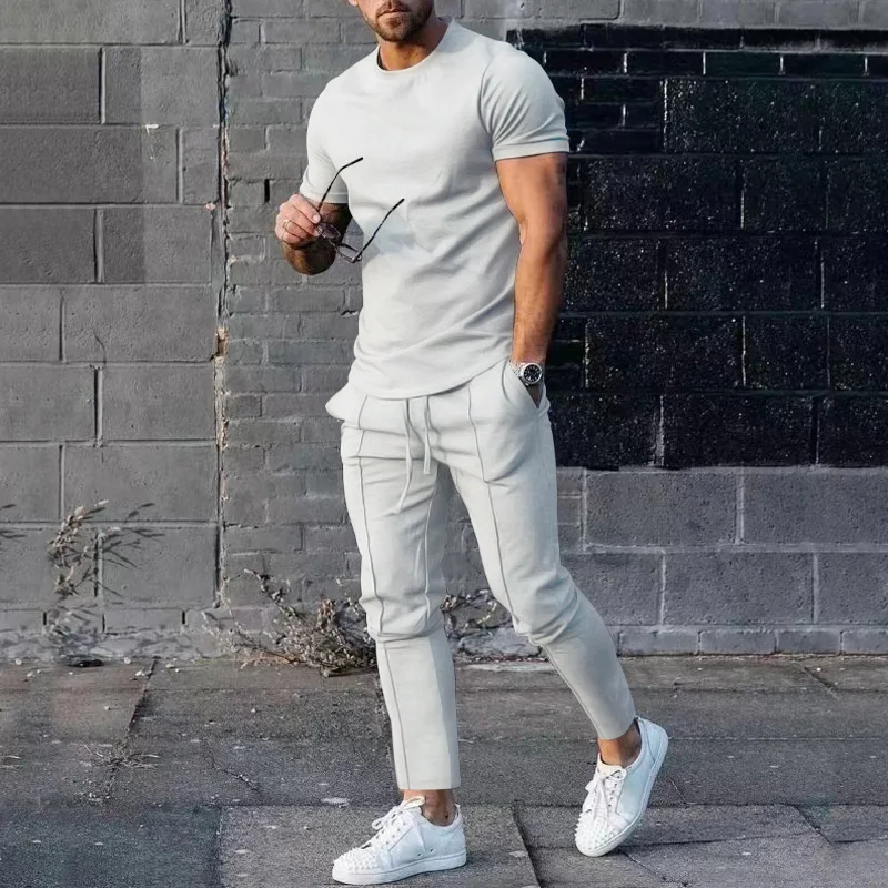 Summer Round Neck Short Sleeve T-Shirt Solid Color Two-piece Sets Men's Sports Loose Waist Lace-up Long Pants Male Casual Suits