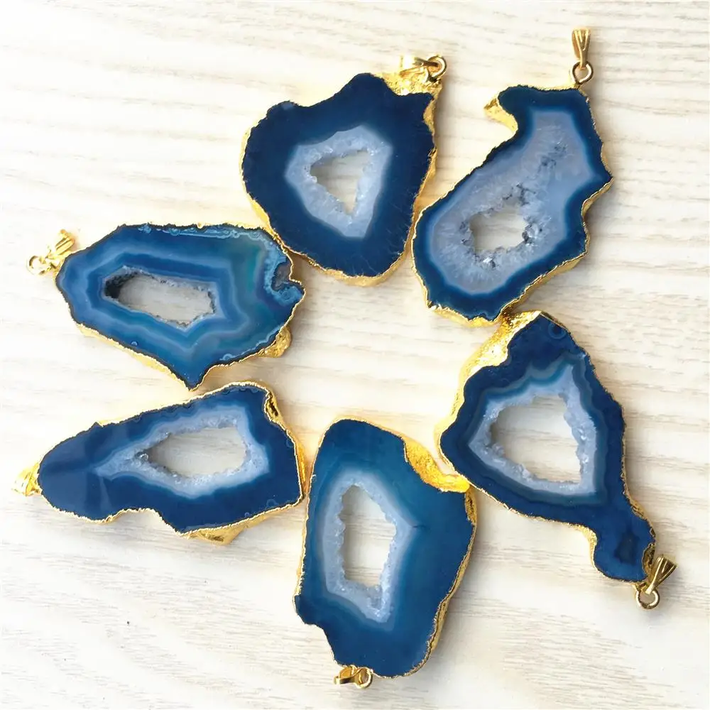 

Natural Stone Brazilian Electroplated Edged Slice Open Blue Agates Geode Drusy Druzys Pendants For Necklace jewelry Making 5PCS