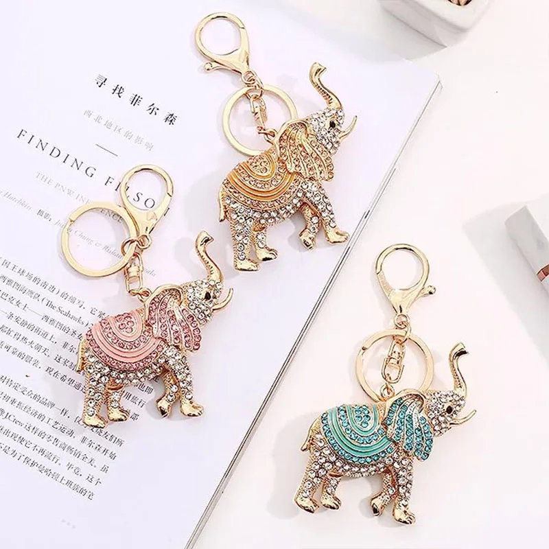 2PCSElephantKeychainsRhinestoneElephantKeyRingPendantCute