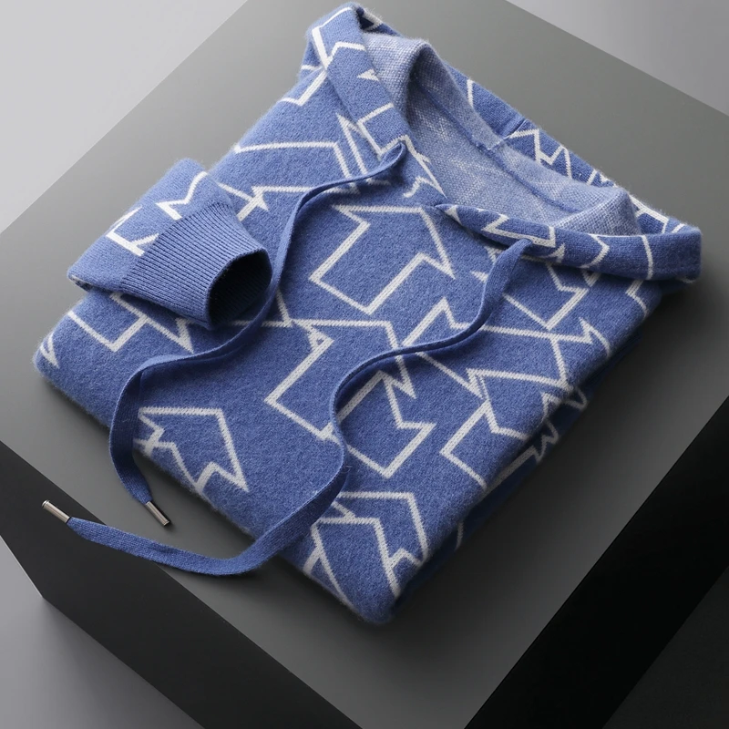 100% Goat Cashmere Class A Sweater Men's Hooded Collar Pullover 2023 Autumn and Winter Thickened Sweatshirt Jacquard Large size 6