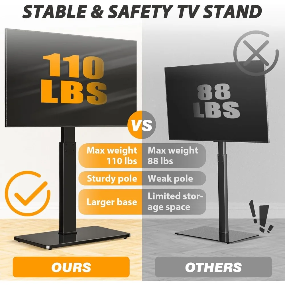Universal Floor TV Stand,Base for 32-74 Inch TVs with Swivel Height Adjustable Mount,Tempered Glass Base,Space Saving 2