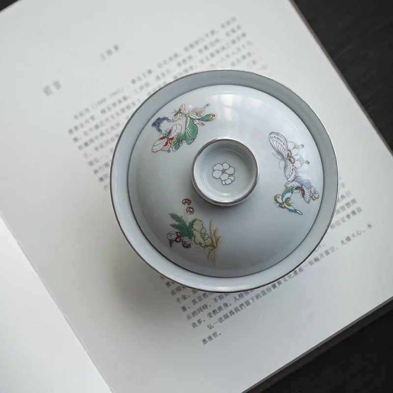 Retro Moon Butterfly Ceramic Tea Tureen Boutique Japanese High-footed Tea Bowl Maker Cover Bowl Household Kung Fu Set