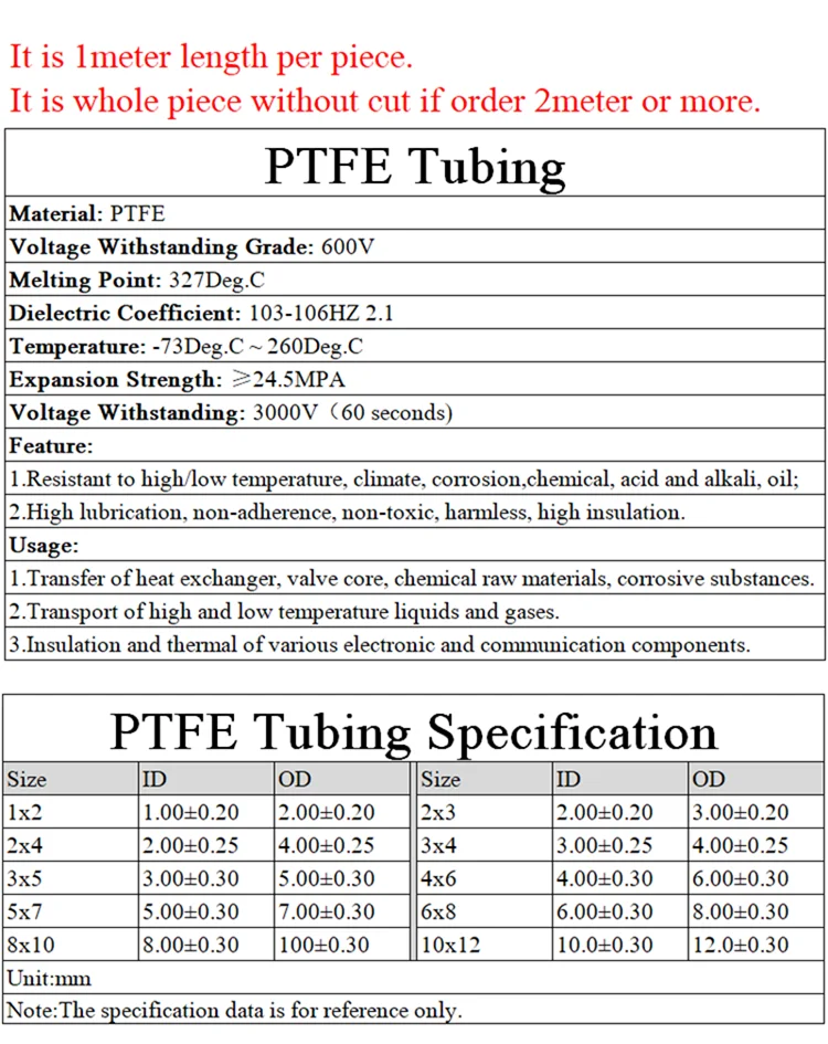 Description Picture 2 of itemPTFE Tube ID 0.8 1 1.5 1.6 2 2.5 3 4 5 6mm F46 PFA FEP Insulated Hose Rigid Pipe Temperature Corrosion Resistance 600V