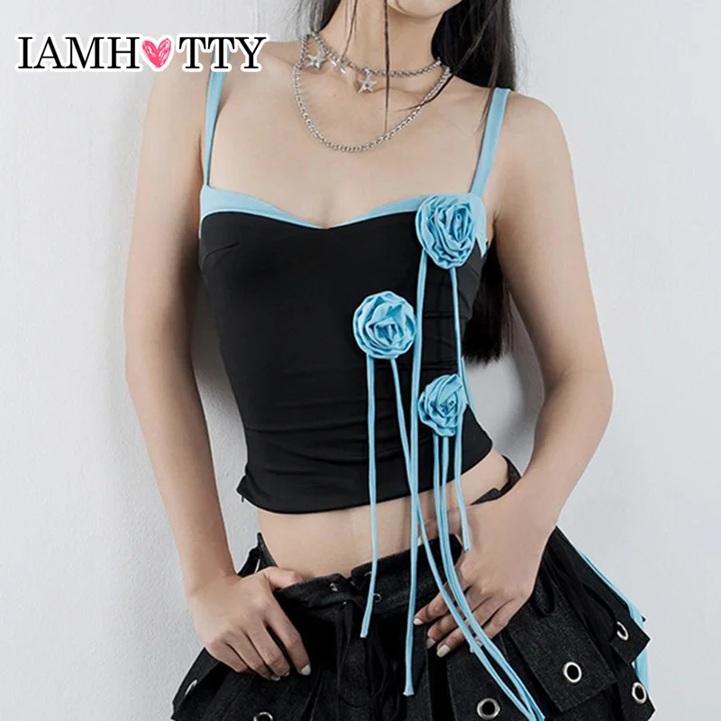 

IAMHOTTY Coquette Contrast Color Flower Tassel Cami Women Y2K Slim-fitting Crop Top Fairycore Aesthetic Corset Sexy Streetwear