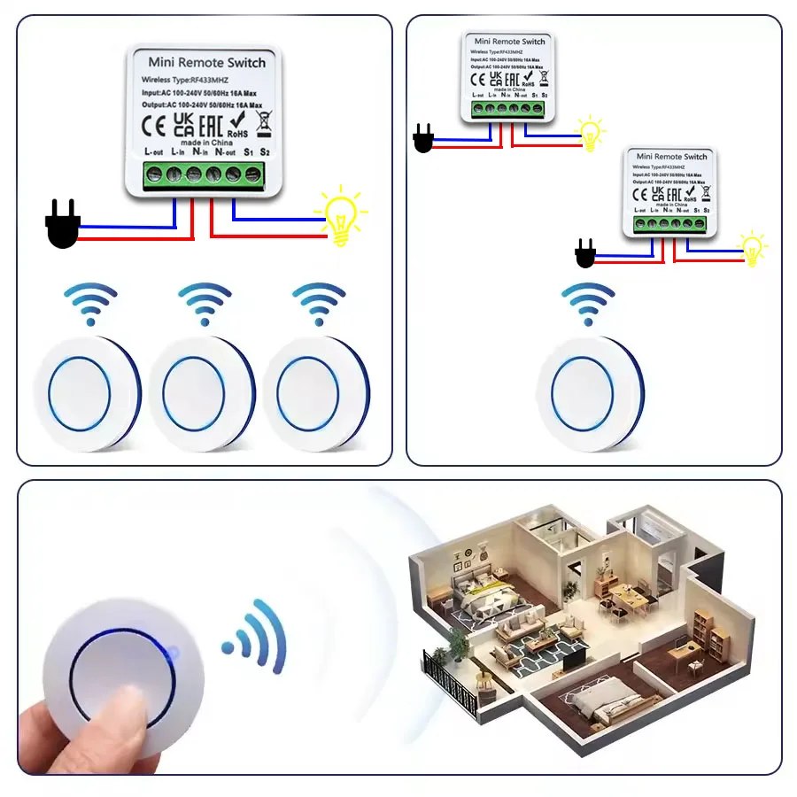 Light Switch Wireless Universal 433MHz Remote Control Switch 10A Relay Receiver Module Transmitter for Smart Home LED Fan DIY