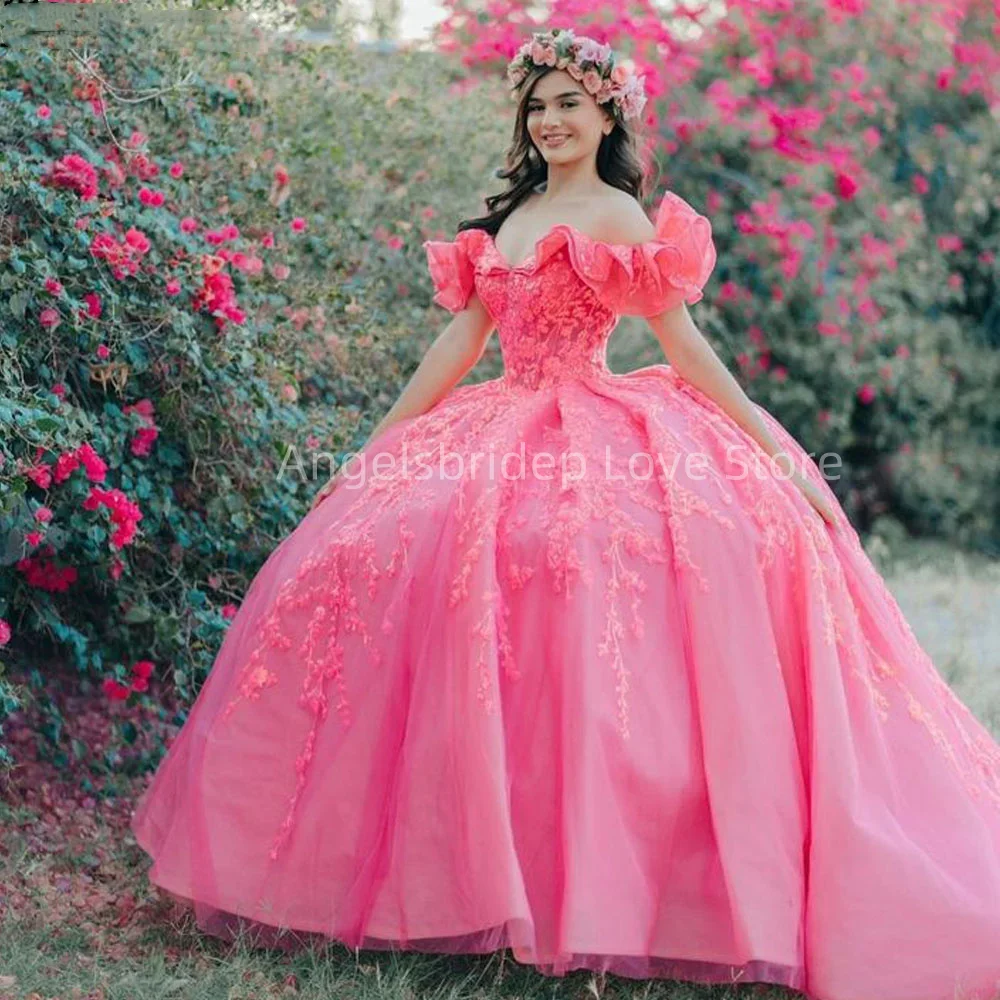 

Angelsbridep Новое Стильное бальное платье 15 Quinceanera платье принцессы Розовые мексиканские Вечерние платья на выпускной 15 Quinceañera
