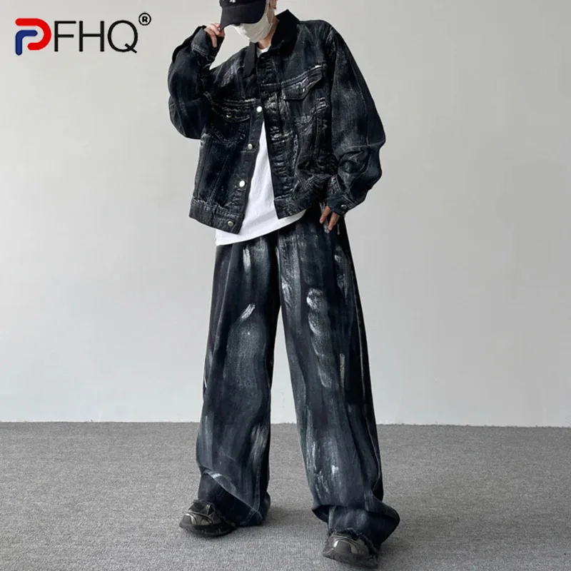 

PFHQ Men's High Street American Splash-ink Denim Jackets Set Motorcycle Handsome Avant-garde Personality Trousers Autumn 21Z3503