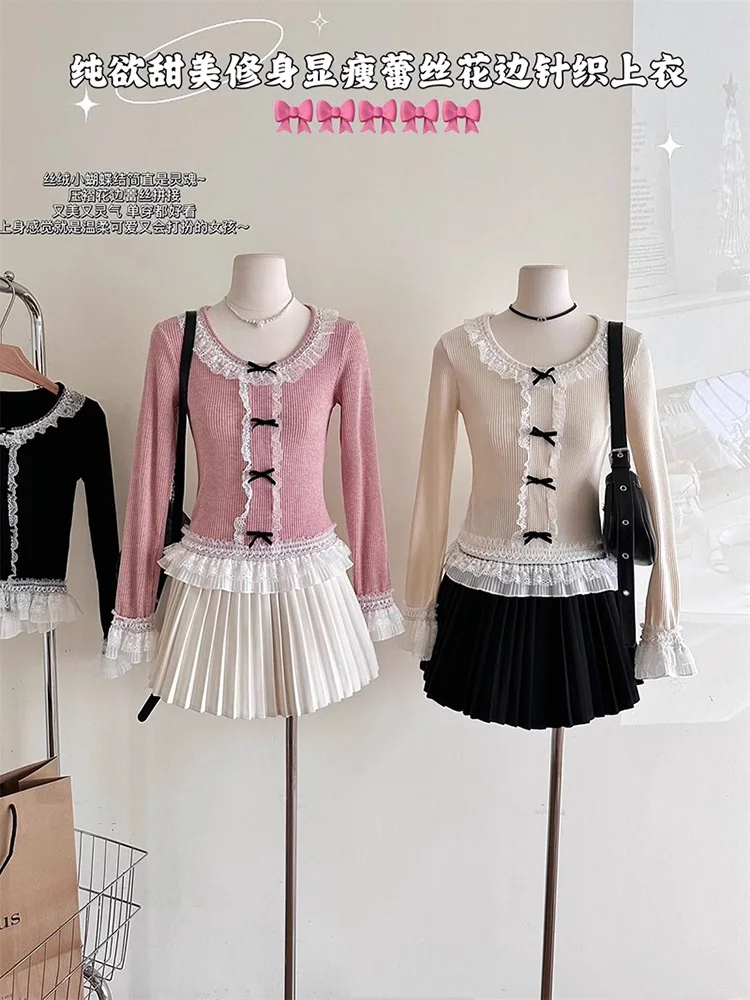 

Свитер с кружевным воротником, женские шикарные Мягкие вязаные пуловеры, повседневные трикотажные топы, осенний Новый французский дизайн