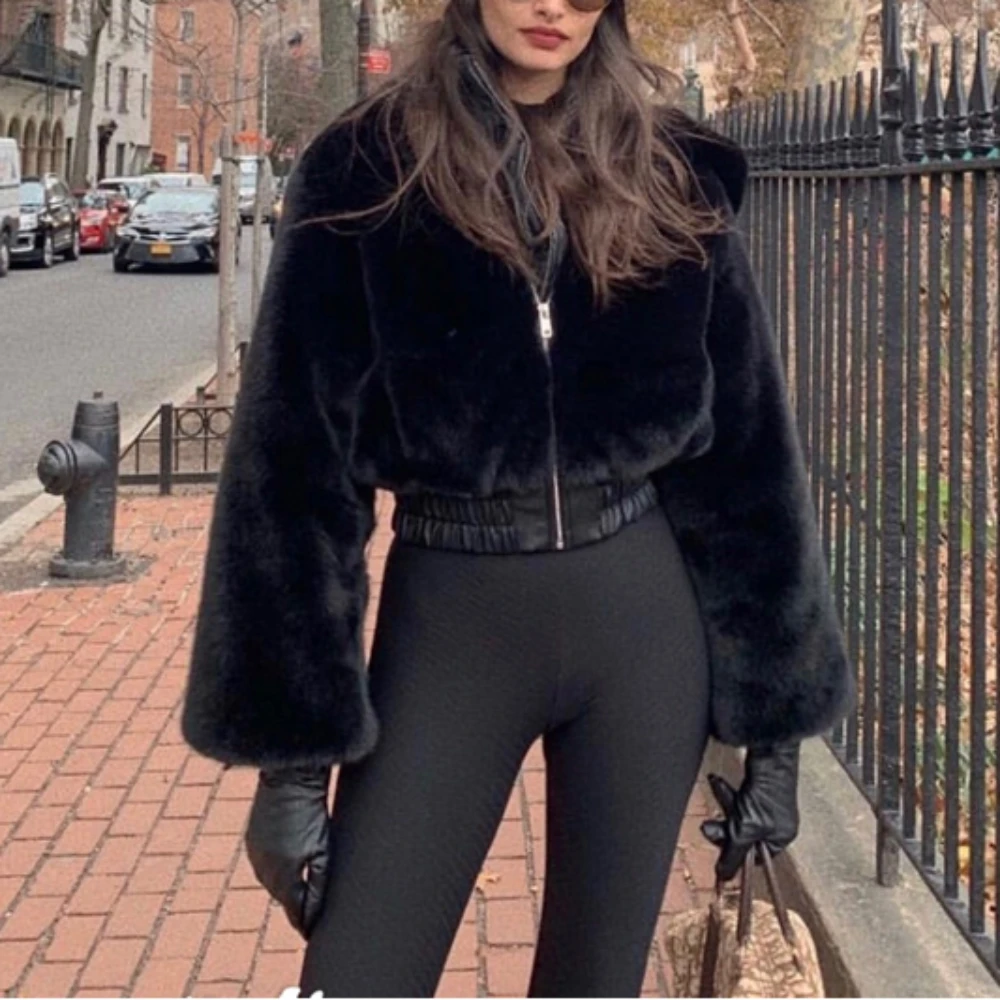 Women Winter Faux Fur Jacket Short Coat  Thick Warm Fashion Gothic Casual Zipper Jackets Black Hooded Outwear Oversize Coats