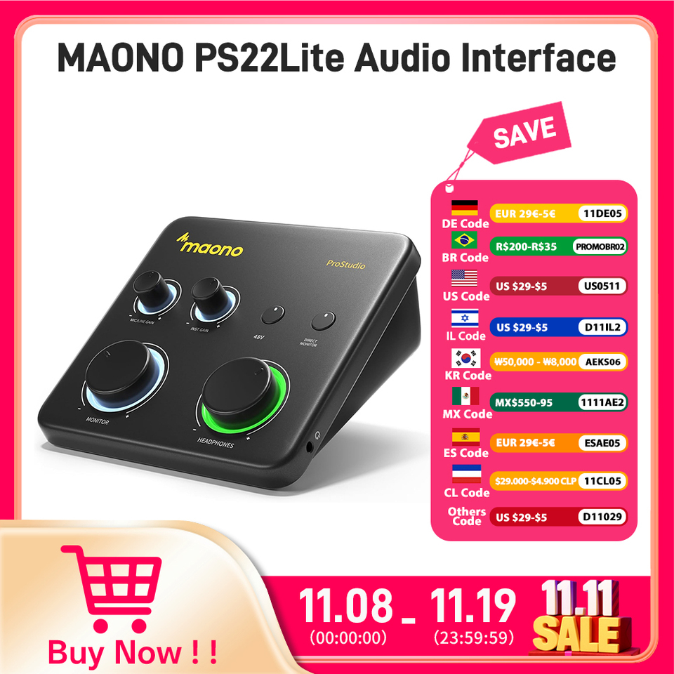 MAONO USB Audio Interface for PC,XLR Input 24-bit/192kHz Routing Software LOOPBACK ASIO for Recording Music,Guitar,DAW PS22 Lite