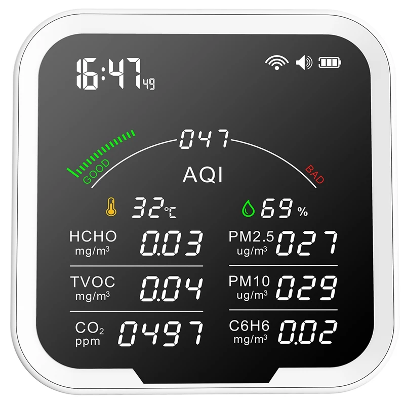 

Plastic Air Quality Monitor Thermohygrometer, Clock Alarm And Gas Detector Of PM2.5,PM10,HCHO,C6H6,CO2 Sensor