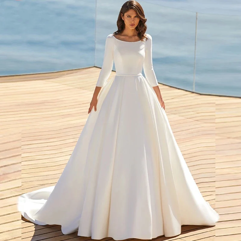 Soft Satin Wedding Dresses Women Bride Gown 3/4 Sleeves