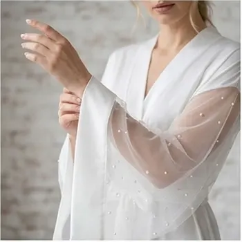 Elegance Maxi Ivory Tulle Bridal Robes Floor Length Sheer Kimono Wedding Gown with Pearl Sleeves A-Line Silhouette Dressing Gown