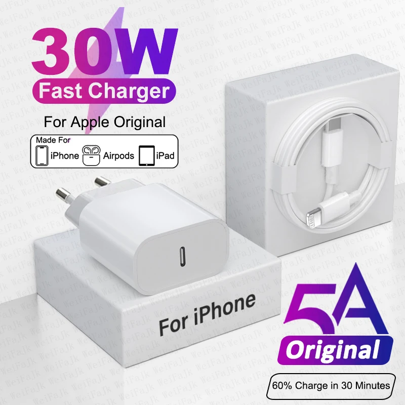 

Original PD 30W Quick Charger For Apple iPhone 14 13 12 11 Pro Max Mini 6 7 8 Plus XR X XS Fast Charging USB Type C iPhone Cable