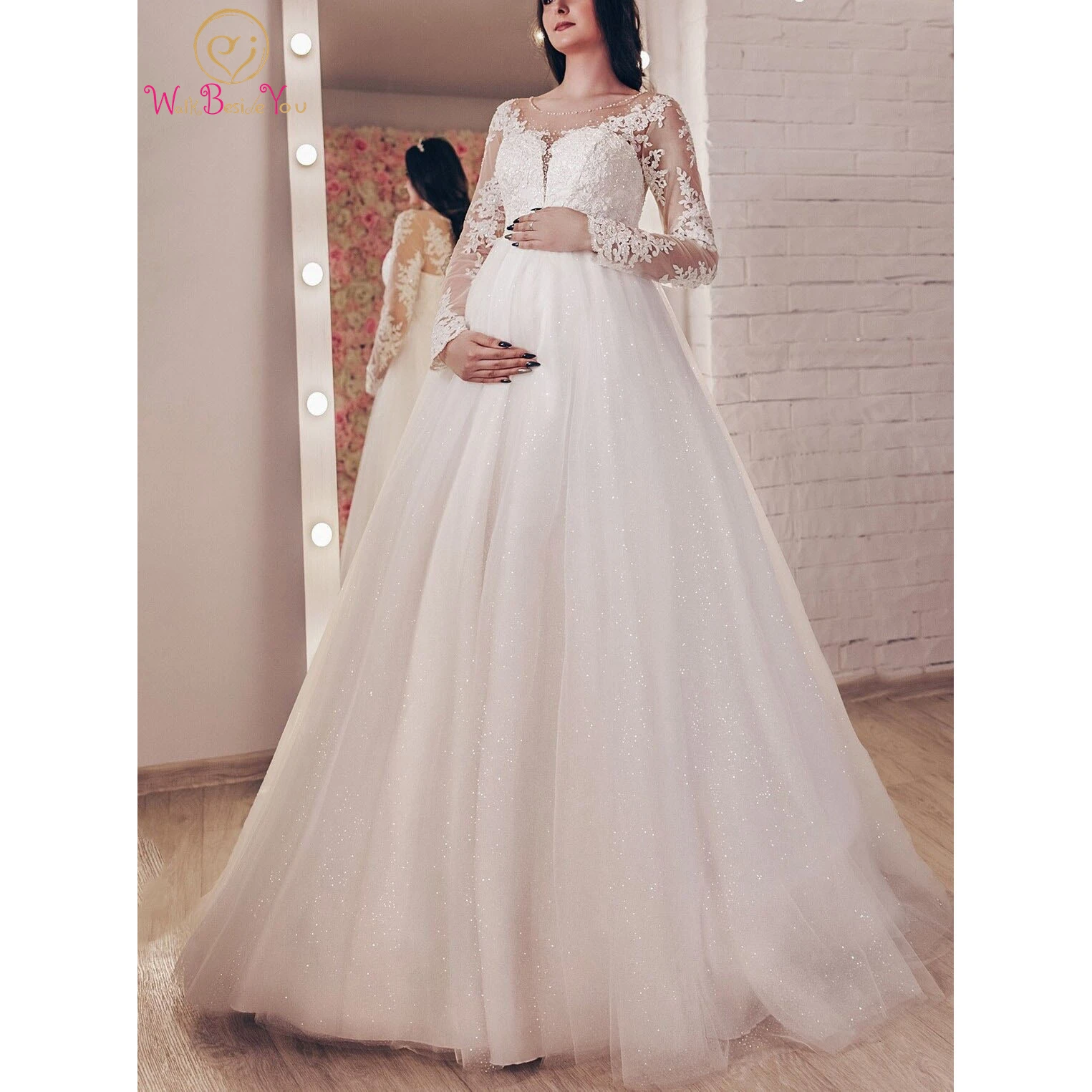 Full Sleeves Pregnant Wedding Dress 2024 Lace Appliques Beaded Glitters Tulle A Line Sweep Train Corset Back Bride Gown Bridal