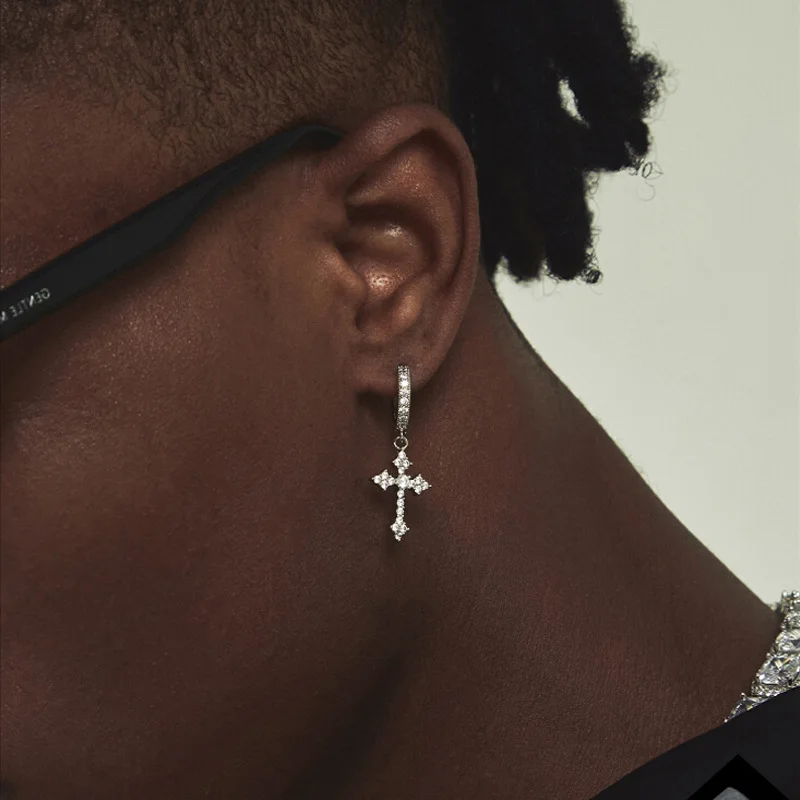 

DZM Diamond Cross Earrings for Men's Light Luxury High-end Earrings with Diamond Earrings, European and American Hip-hop Trend