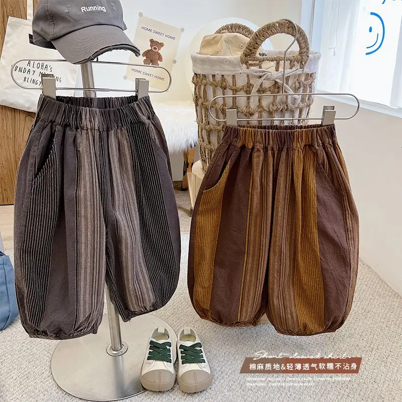 

Summer New Children's Colored Striped Cotton Hemp Cropped Pants for Boys and Girls' Casual Loose Lantern Pants